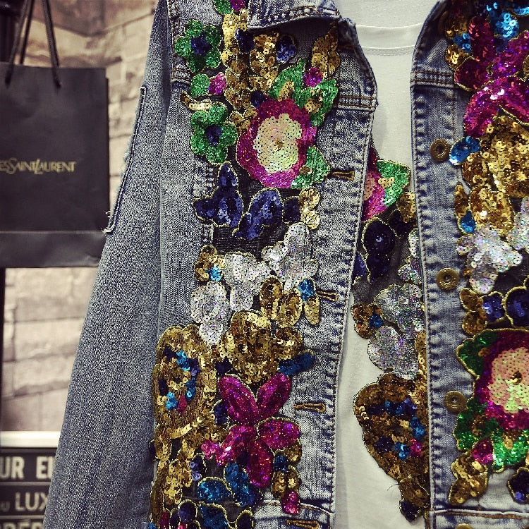 Veste Hippie Jean Fleuri Clair
