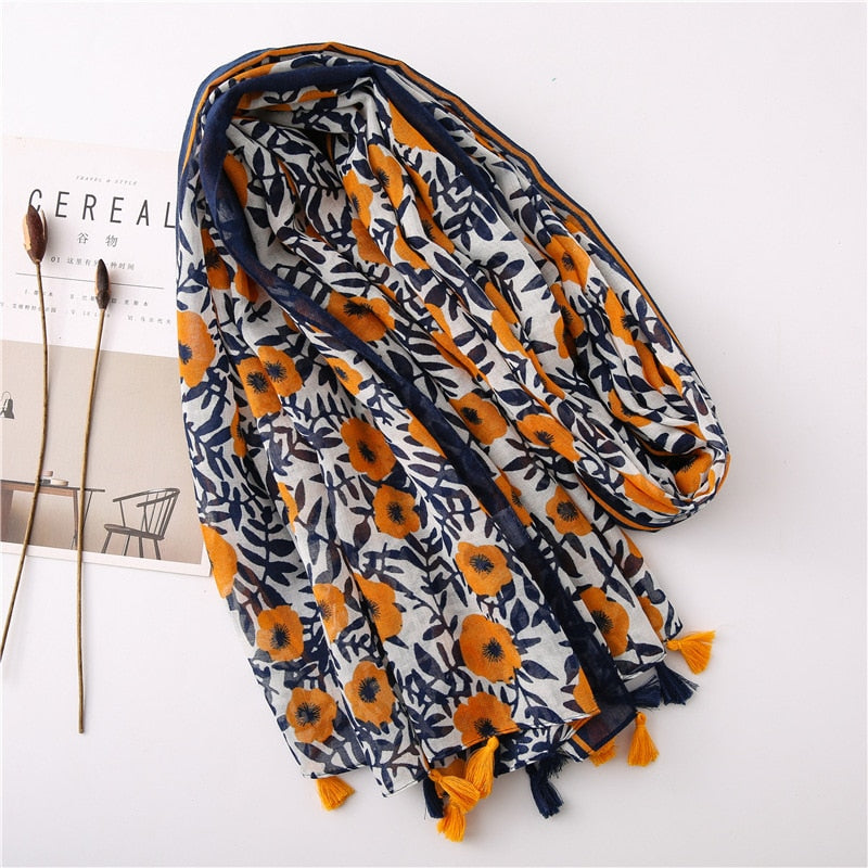 Chèche <br> Bleu À Fleurs De Jasmin - boutique-hippie.fr