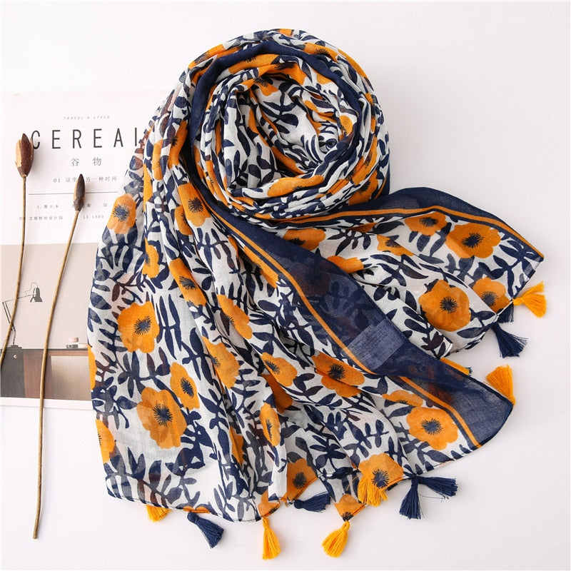Chèche <br> Bleu À Fleurs De Jasmin - boutique-hippie.fr
