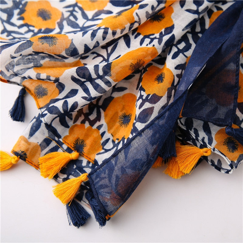 Chèche <br> Bleu À Fleurs De Jasmin - boutique-hippie.fr