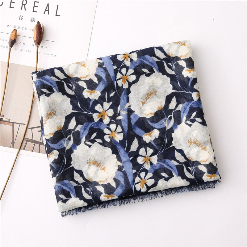 Chèche <br> Bleu Marine Fleuri - boutique-hippie.fr