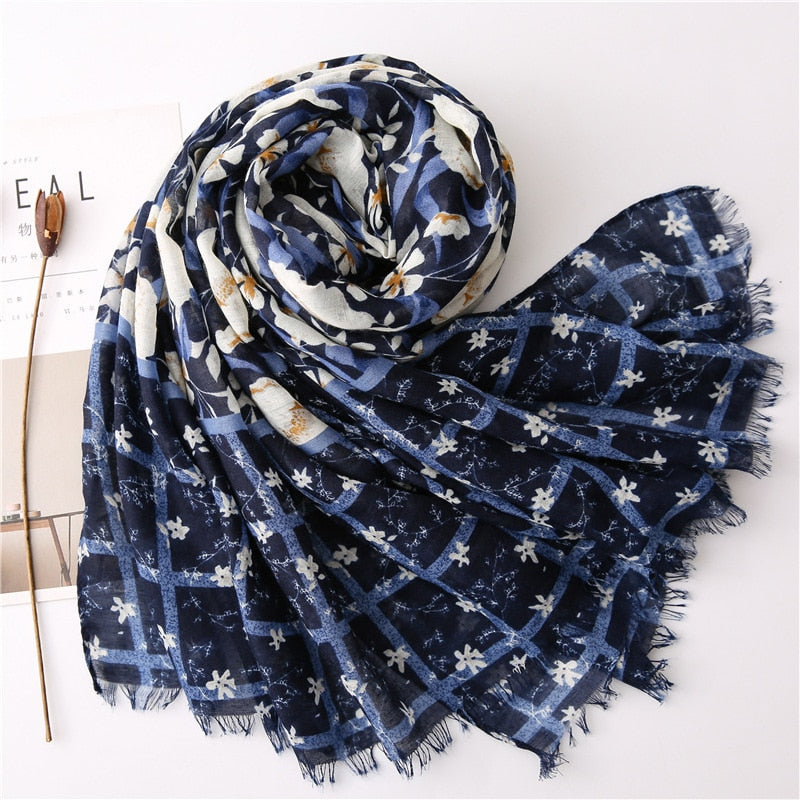 Chèche <br> Bleu Marine Fleuri - boutique-hippie.fr