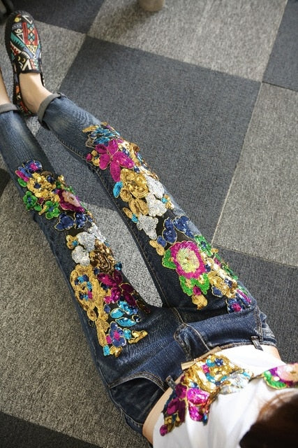 Jean Hippie Fleuri Foncé