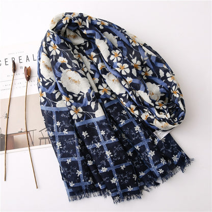 Chèche <br> Bleu Marine Fleuri - boutique-hippie.fr