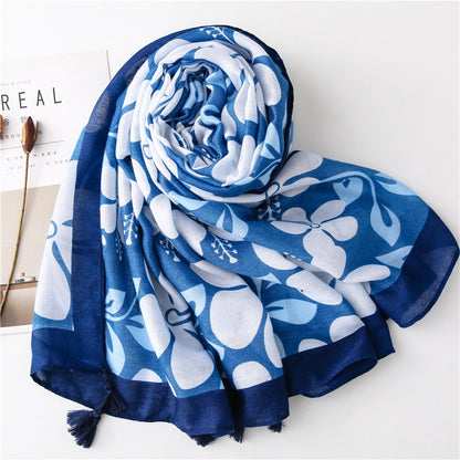 Chèche <br> Fleuri Bleu Azur À Pompons - boutique-hippie.fr