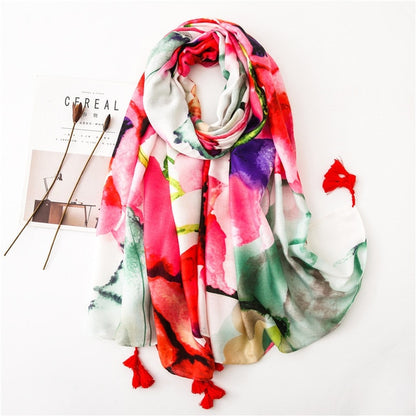 Chèche <br> Pastel À Pompons Rouges - boutique-hippie.fr