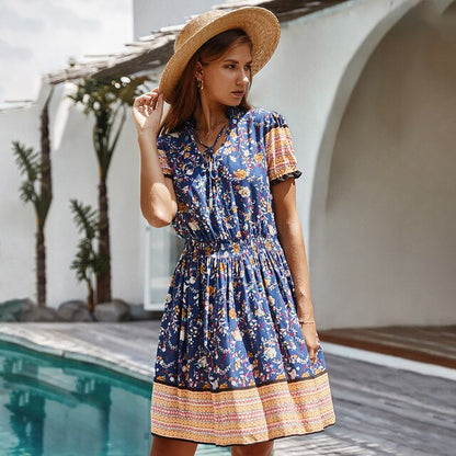 Robe Bohème <br> Imprimé Floral Bleu - boutique-hippie.fr