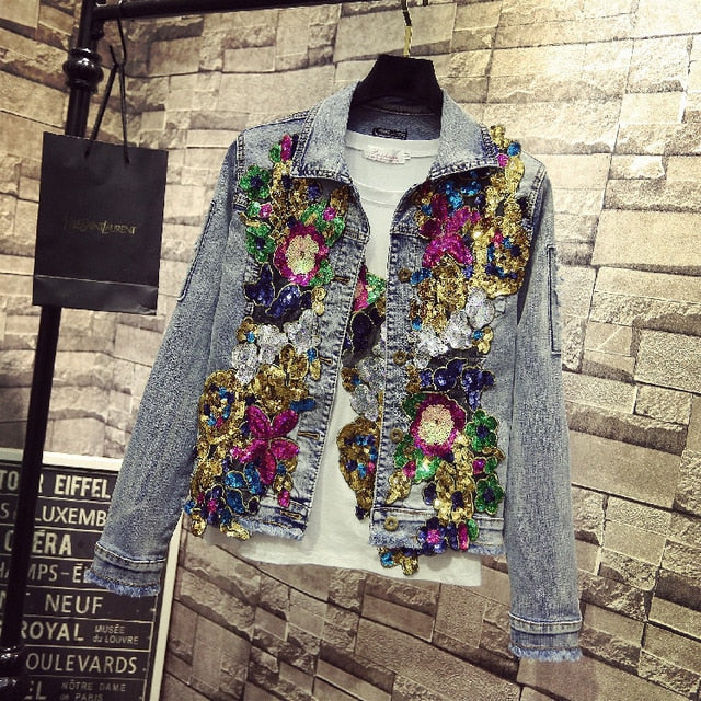 Veste Fleurs Paillettes Jeans